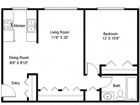Floor plan for 1 bed, 1 bath, 720 sqft